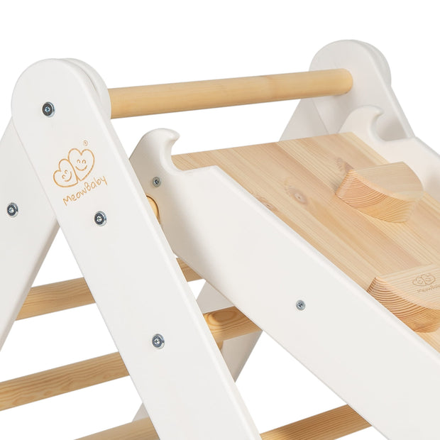 MeowBaby houten klimrek met glijbaan in naturel en wit, veilig en duurzaam voor kinderen