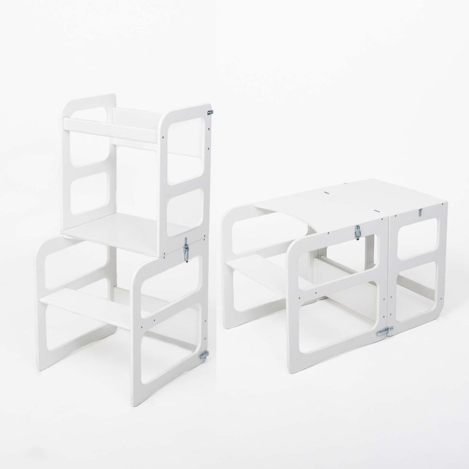 Montessori Houten Learning Tower 2in1 wit, om te vormen tot keukentoren of tafel met stoel.
