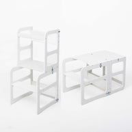Montessori Houten Learning Tower 2in1 wit, om te vormen tot keukentoren of tafel met stoel.