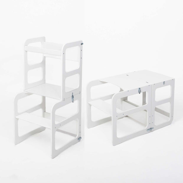 Montessori Houten Learning Tower 2in1 wit, om te vormen tot keukentoren of tafel met stoel.