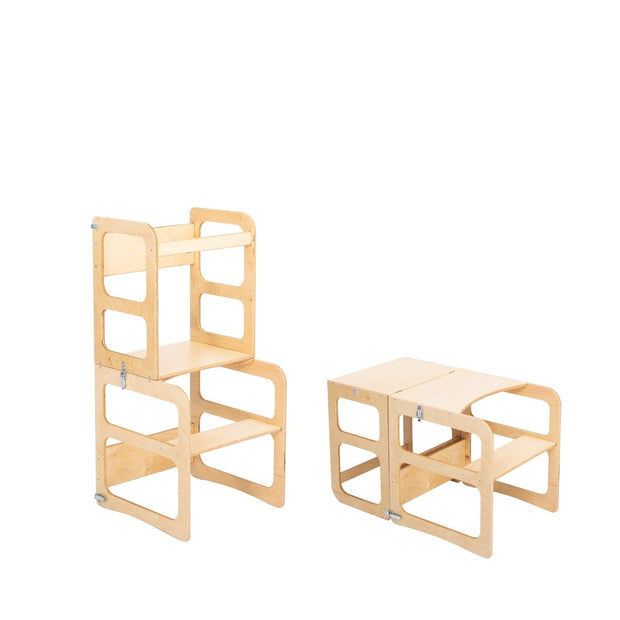 Montessori Houten Learning Tower 2in1 in hout, om te gebruiken als opstapje of tafel met stoel.
