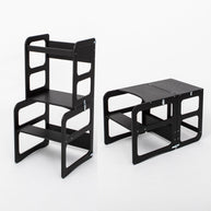 Montessori Houten Learning Tower 2in1 zwart, multifunctionele kinderkeukentoren en tafelstoel.