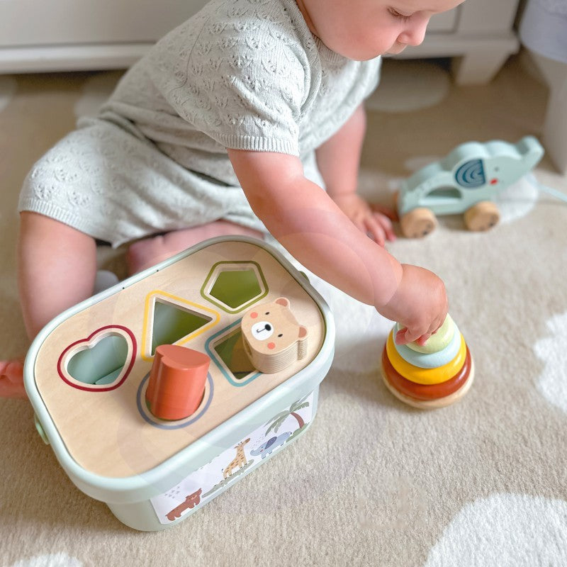 Kind speelt met Woopie Houten Speelset 3-in-1 sorteren, stapelen en rollen speelgoed