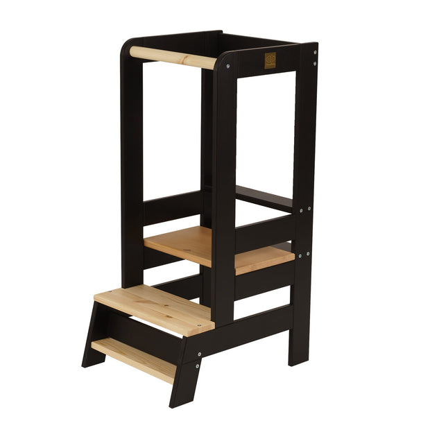 MeowBaby Houten Learning Tower zwart hout, verstelbaar platform voor kinderen veilig gebruik