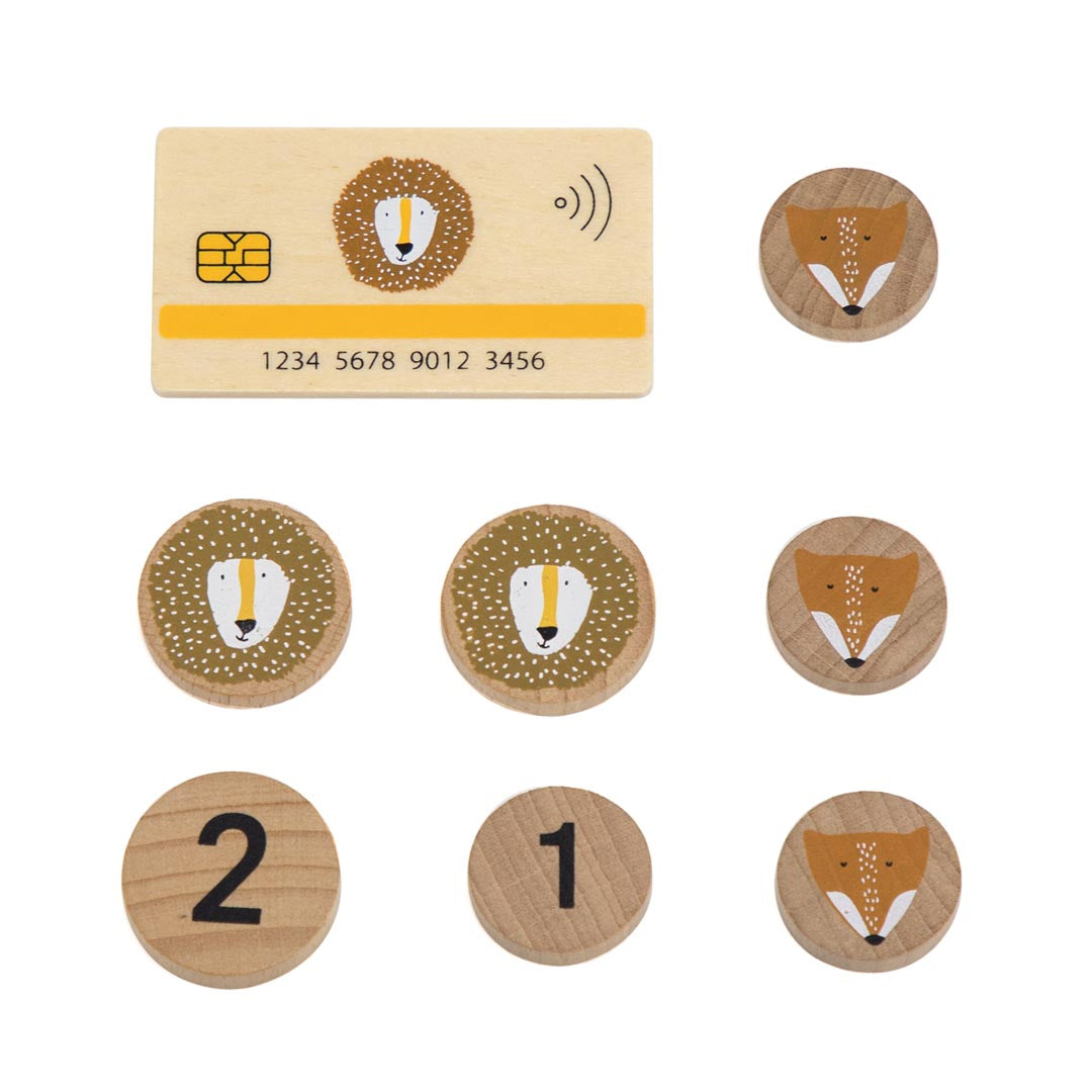 Houten kassa met accessoires set met houten kaarten en fiches met dierenprint
