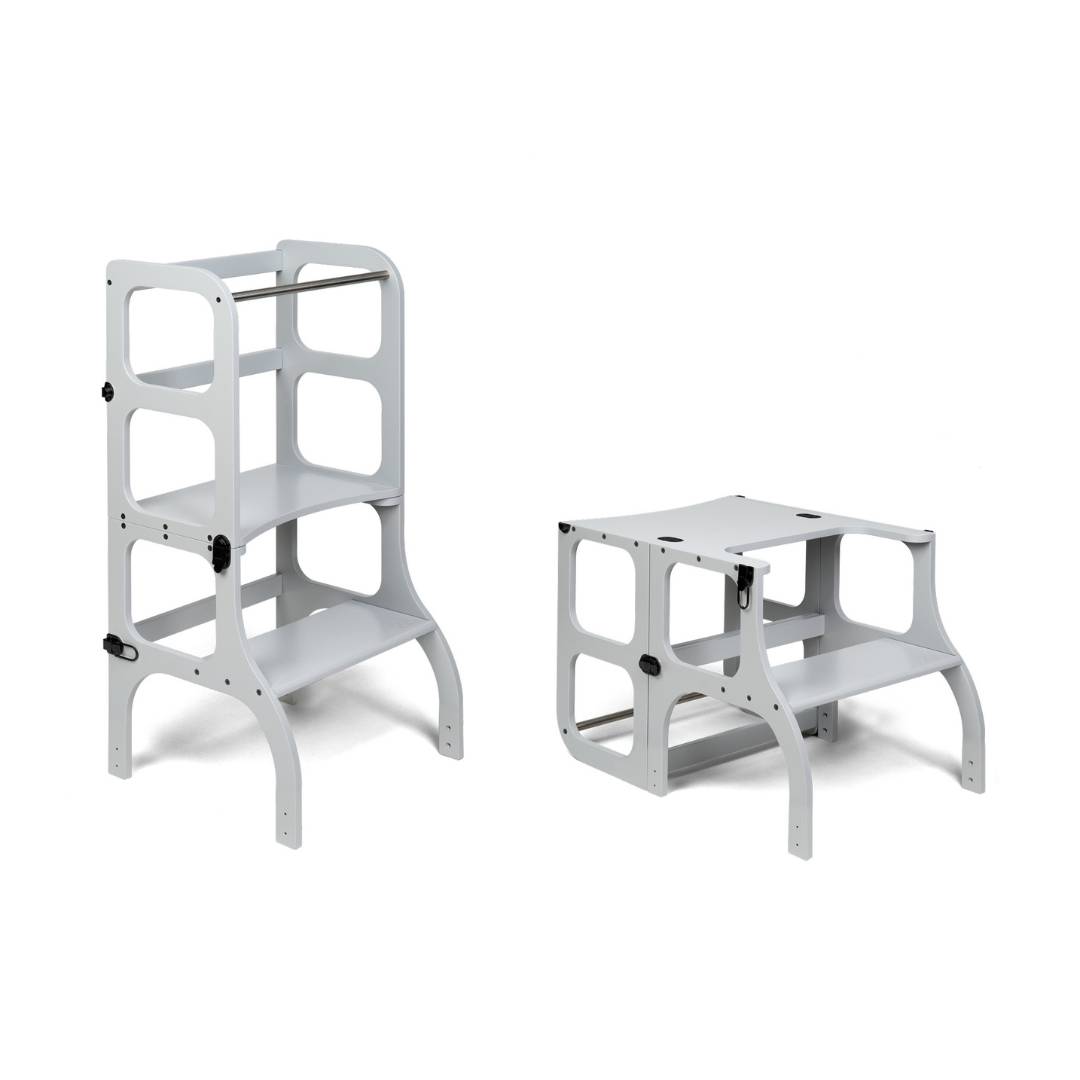 Ette Tete Houten Learning Tower 2in1 grijs, multifunctionele kinderhulp en tafeltje