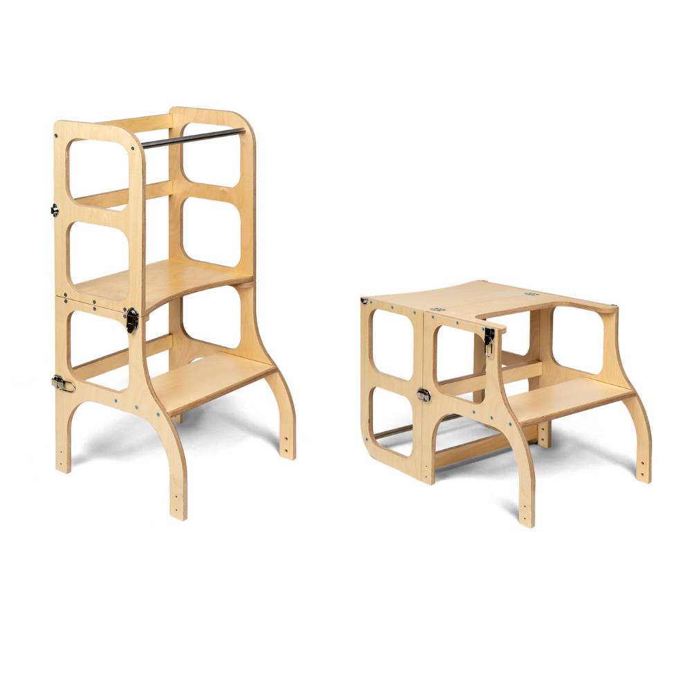 Ette Tete Houten Learning Tower 2in1 in natuurlijk hout, multifunctioneel Montessori meubel