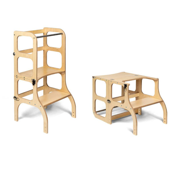 Ette Tete Houten Learning Tower 2in1 in natuurlijk hout, multifunctioneel Montessori meubel