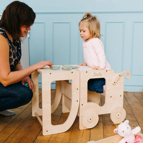 Family-scl Houten Learning Tower Natural als tafel en stoel voor kind en ouder samen spelen