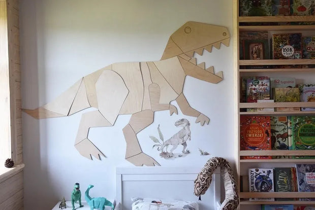 Cut It Now Houten Wanddecoratie Dinosaur T-Rex in lichte houten puzzelstijl aan muur