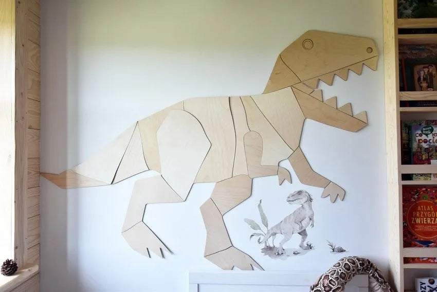 Cut It Now houten wanddecoratie Dinosaur T-Rex opgebouwd uit 27 puzzelstukken op kinderkamerwand
