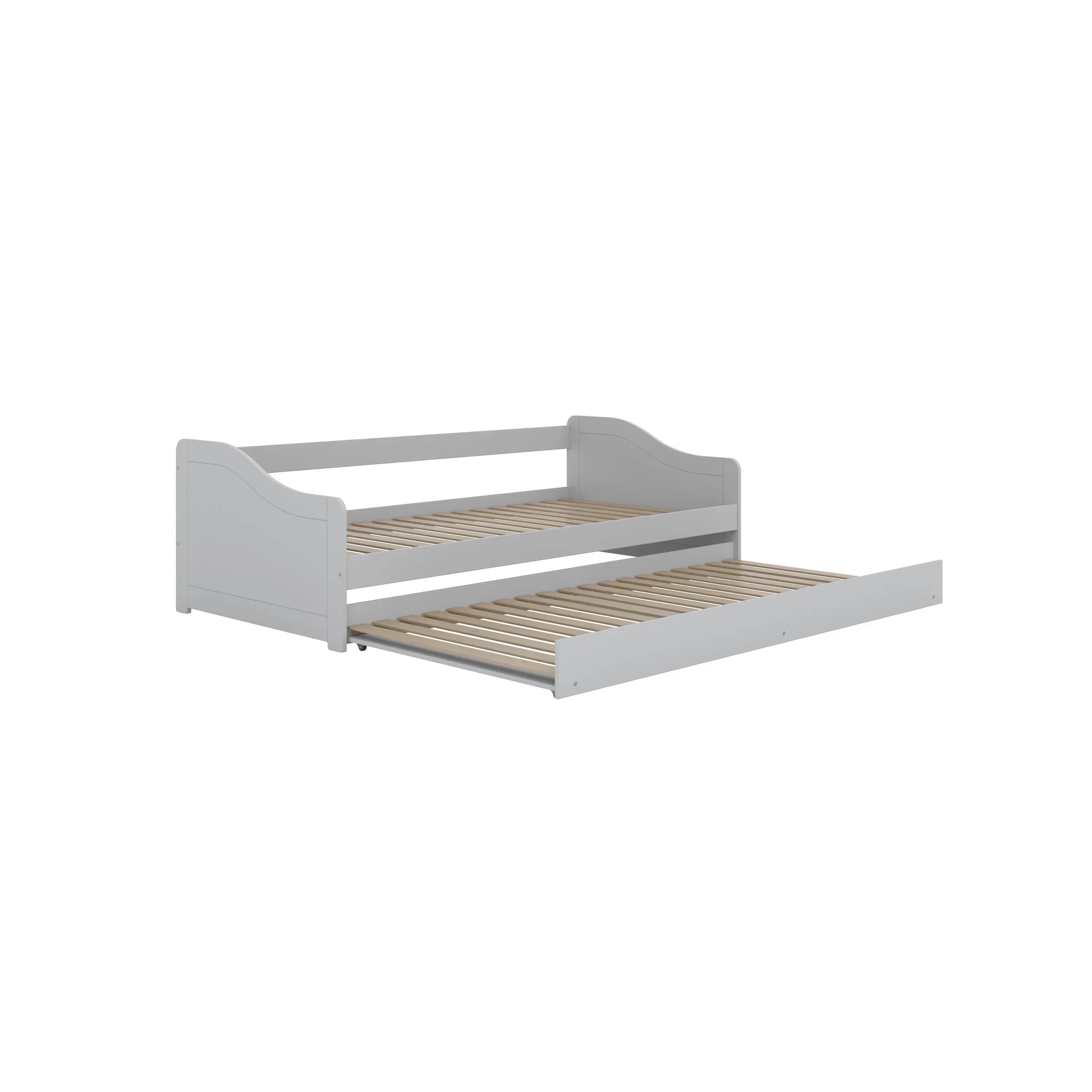 Grijze bedbank met uitschuifbaar bed.