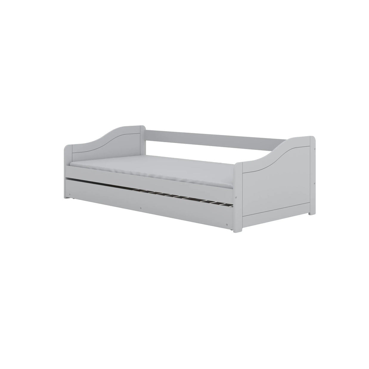 Grijze bedbank met onderschuifbed.