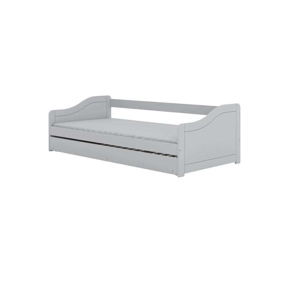 Grijze bedbank met onderschuifbed.