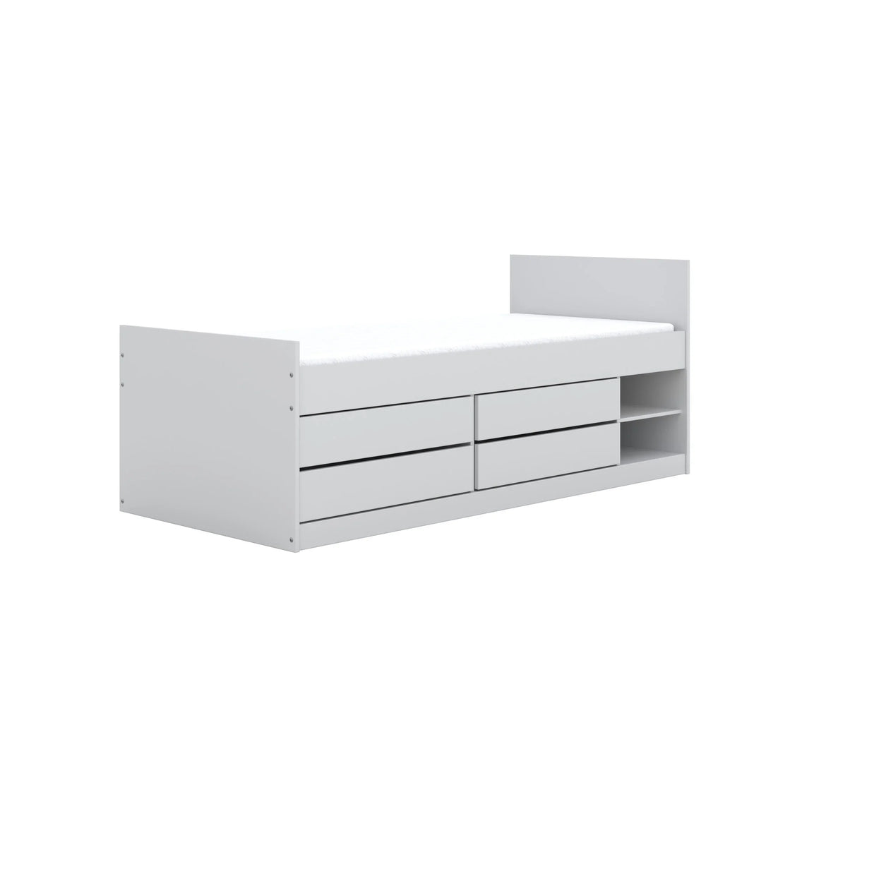 Kocot Kids Junior Bed Leon wit met opbergladen en open schappen, strak en functioneel design