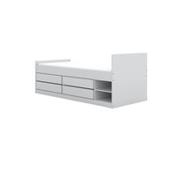 Wit bed met lades en opbergvak.