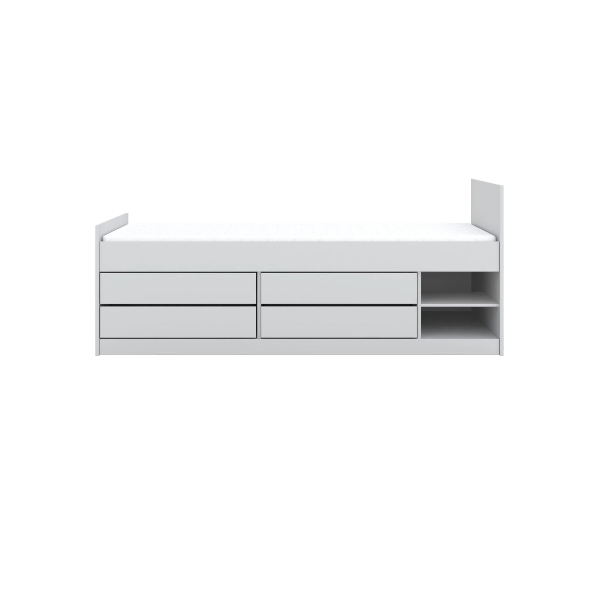 Wit bed met opberglades en planken.