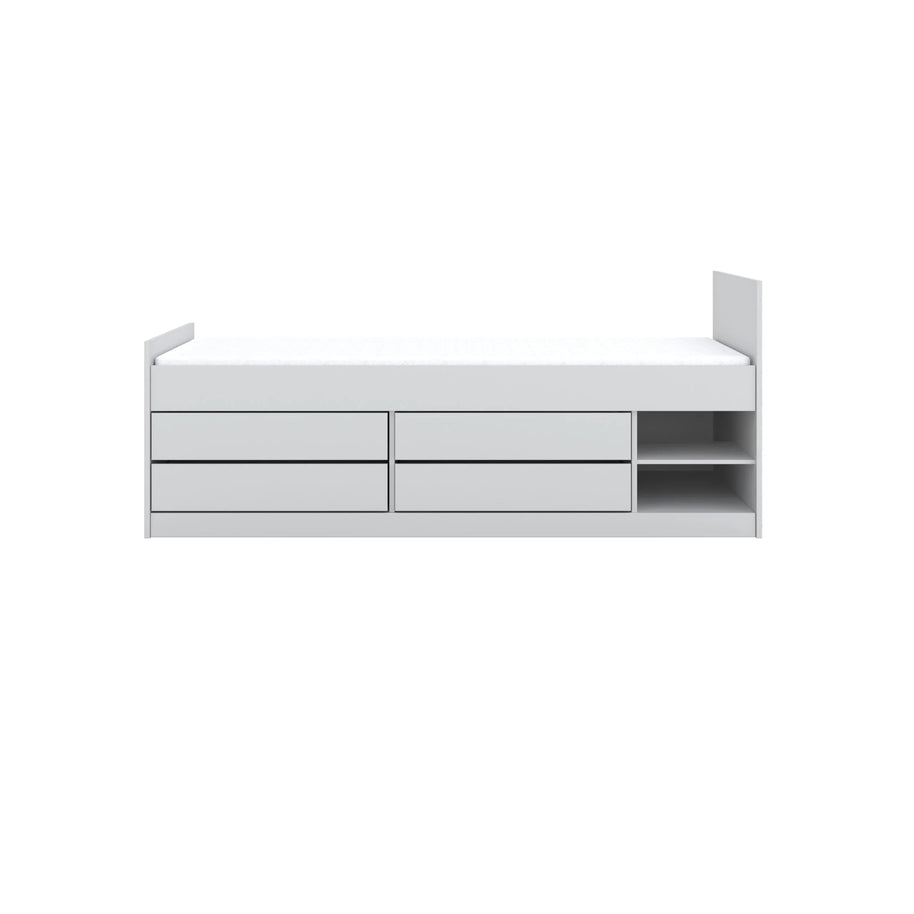 Wit bed met opberglades en planken.