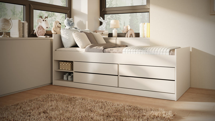 Kocot Kids Junior Bed Leon wit met opbergruimte en strak modern design in lichte slaapkamer