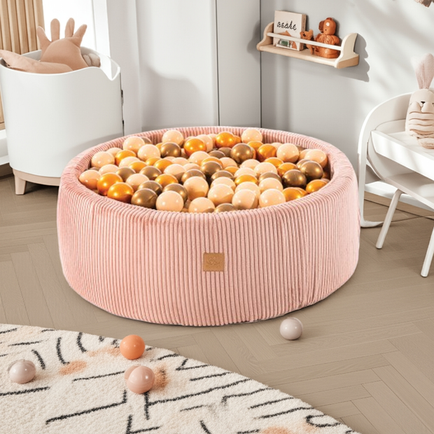 MeowBaby Ballenbak Blauw Rib met beige, goudkleurige en koperen ballen, zachte stof