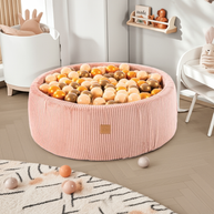 MeowBaby Ballenbak Blauw Rib met beige, goudkleurige en koperen ballen, zachte stof