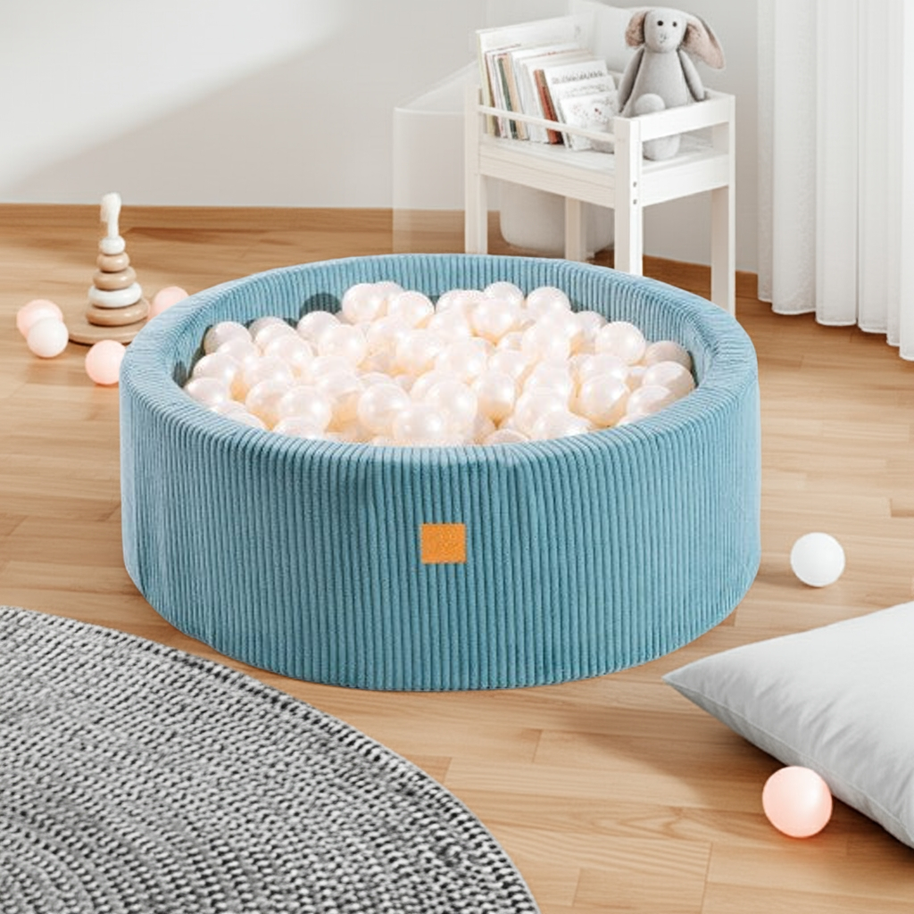 MeowBaby Ballenbak Blauw Rib - Parelmoer gevuld met zachte ballen in kinderkamer