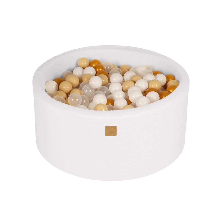 MeowBaby Ballenbak Boucle Wit met goud, beige, wit en transparante ballen, inclusief 300 stuks