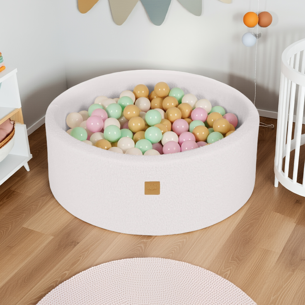 MeowBaby Ballenbak Boucle Wit gevuld met pastel roze, mint, wit en beige ballen