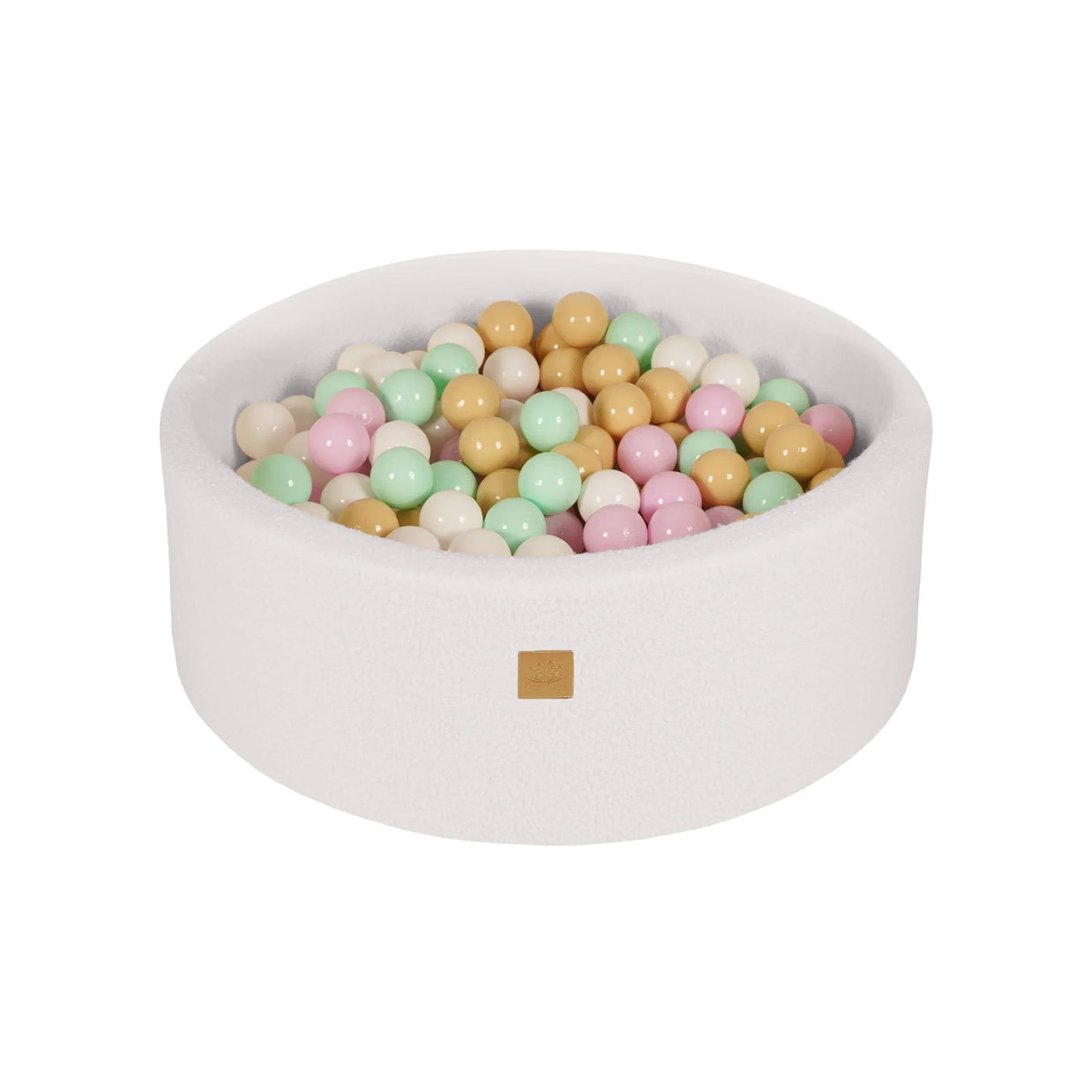 MeowBaby ballenbak boucle wit met pastelroze, mint, wit en beige ballen gevuld met 200 ballen