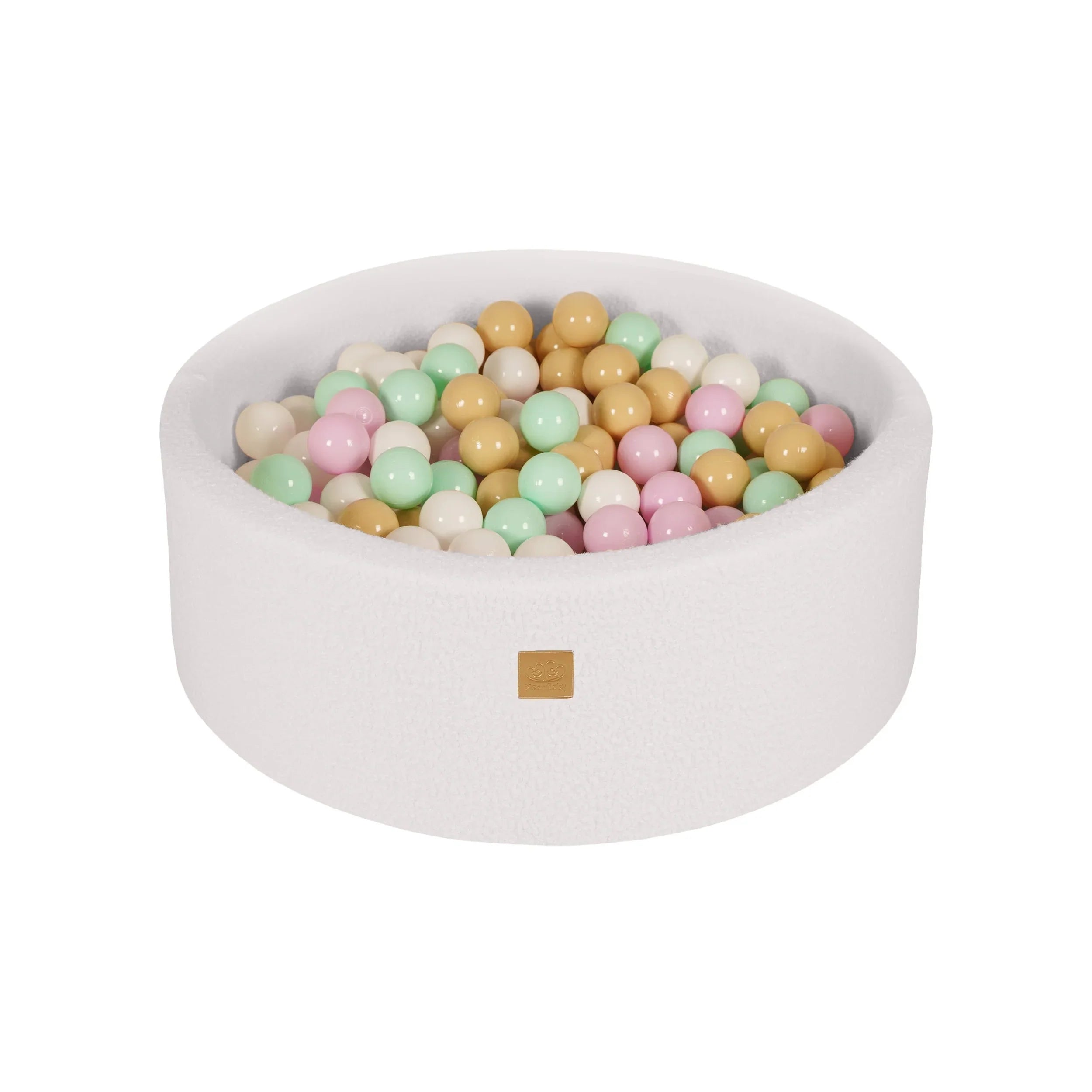 MeowBaby ballenbak boucle wit met pastelroze, mint, wit en beige ballen gevuld met 200 ballen