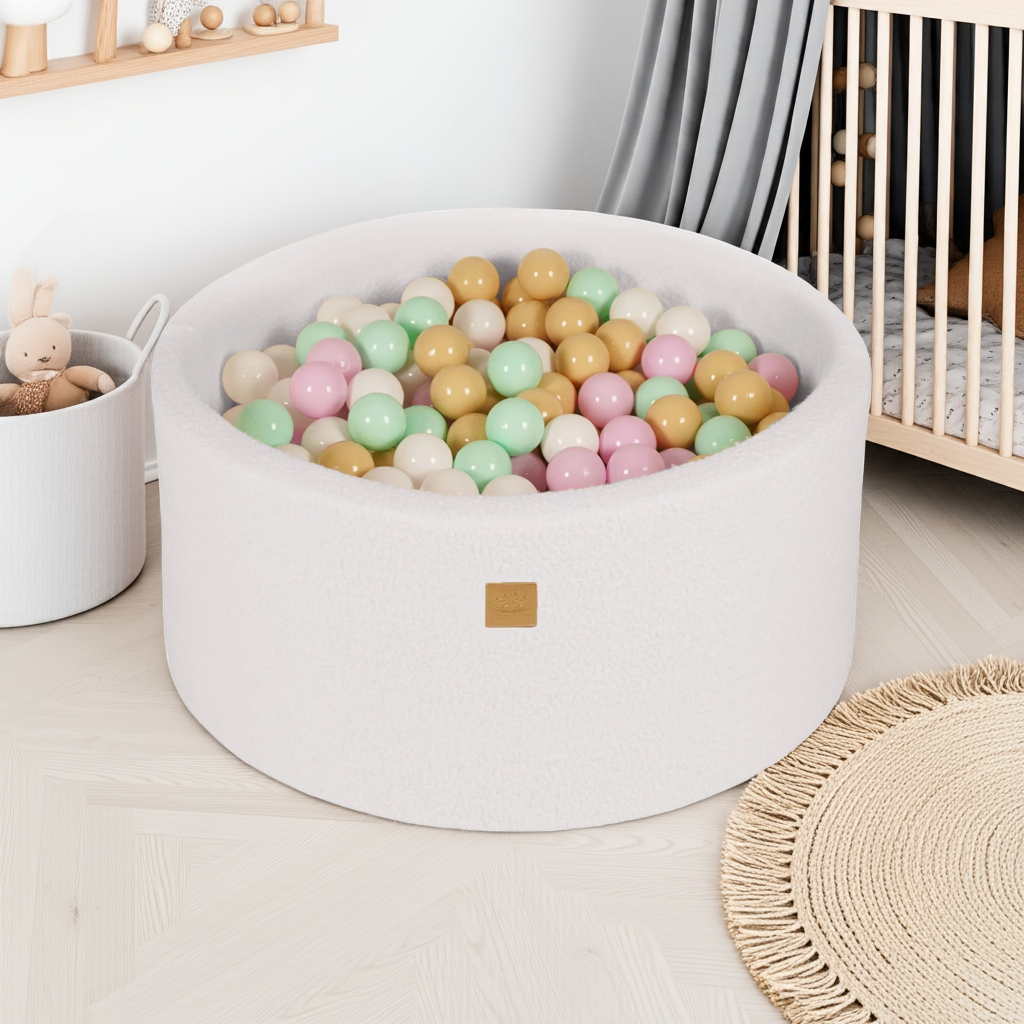 MeowBaby Ballenbak Boucle Wit met pastelroze, mint, wit en beige ballen in kinderkamer