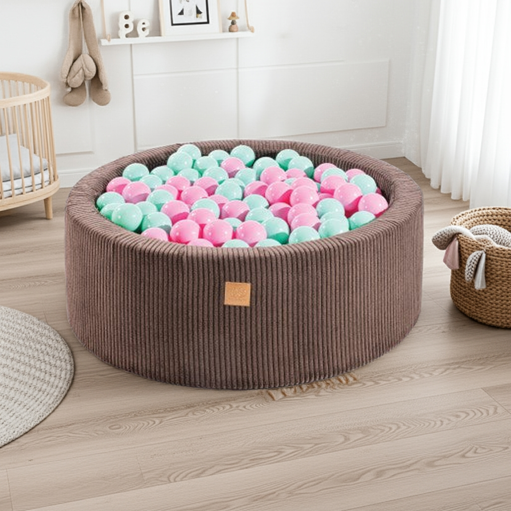 MeowBaby Ballenbak Bruin Rib gevuld met blauwe en roze ballen in lichte kinderkamer