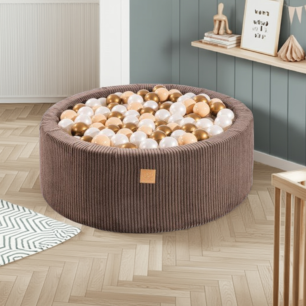 MeowBaby Ballenbak Bruin Rib gevuld met witte, gouden en koperen ballen in speelhoek