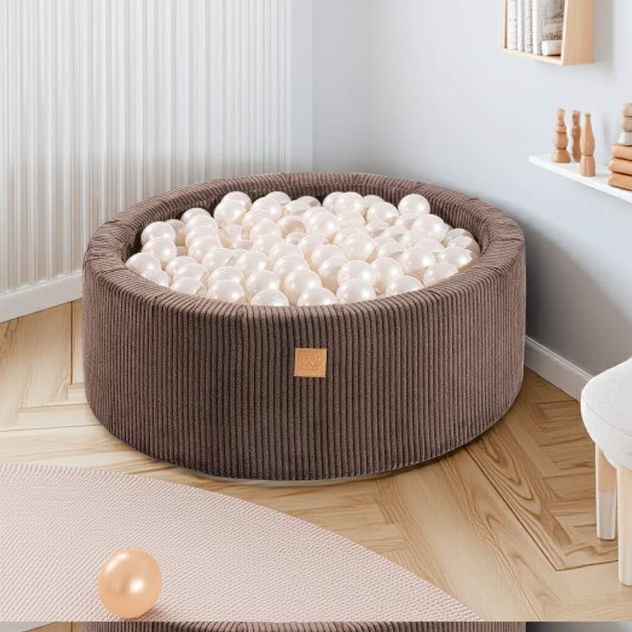 MeowBaby Ballenbak Bruin Rib wit gevuld met 200 zachte ballen in kinderkamer