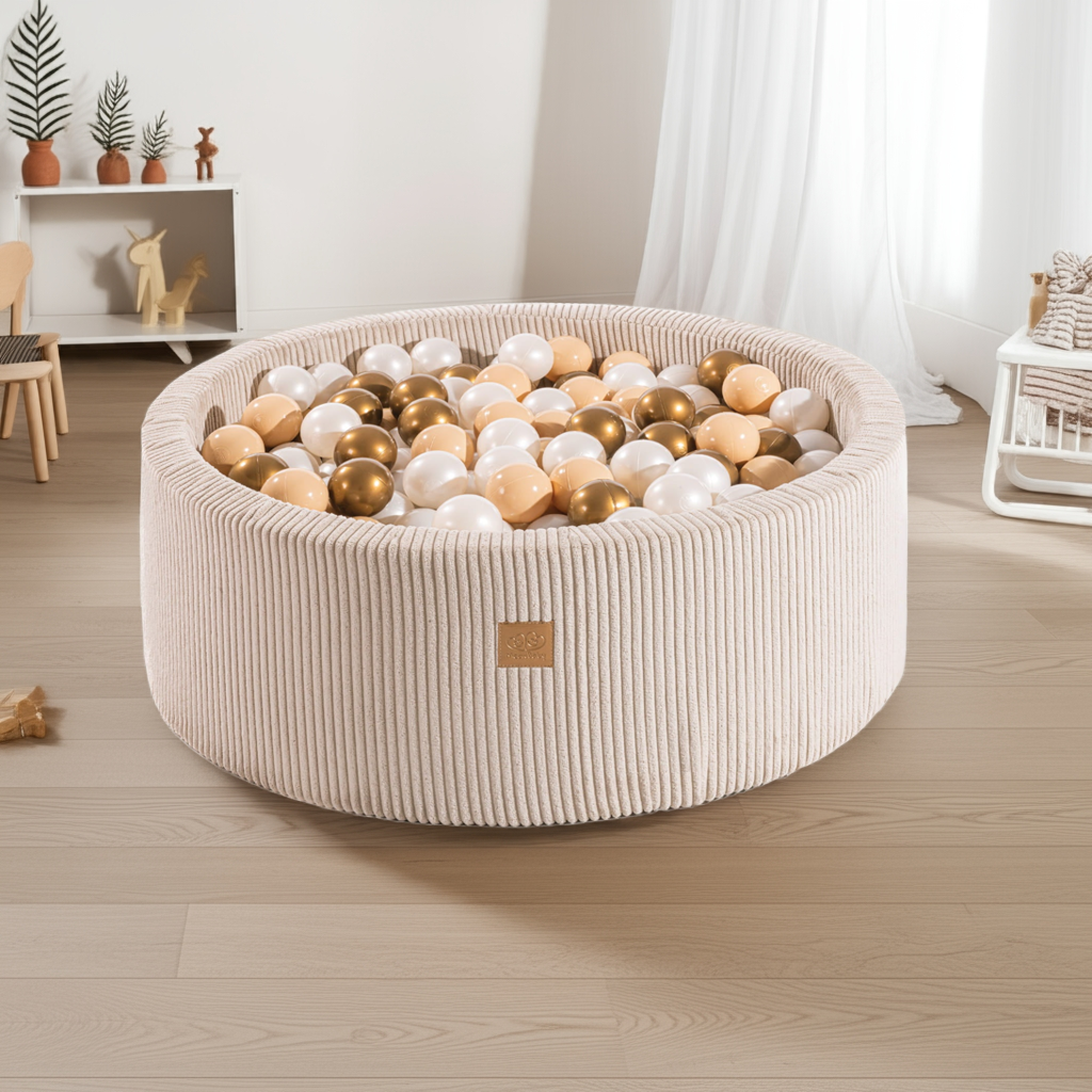 MeowBaby Ballenbak Ecru Rib met goud, beige en witte ballen voor veilig speelplezier