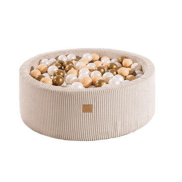 MeowBaby Ballenbak Ecru Rib met goud, beige en witte ballen, zacht en veilig speelgoed