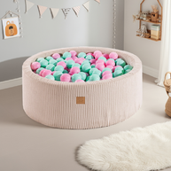 MeowBaby Ballenbak Ecru Rib met roze en mint ballen, geschikt voor kinderen