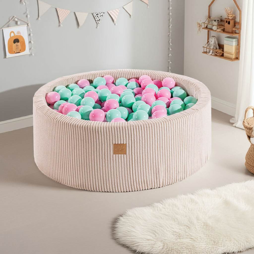 MeowBaby Ballenbak Ecru Rib met roze en mint ballen, geschikt voor kinderen