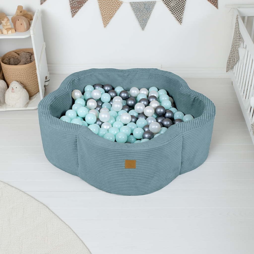 MeowBaby Ballenbak Rib Bloem blauw met zachte ribstof en gekleurde speelballen