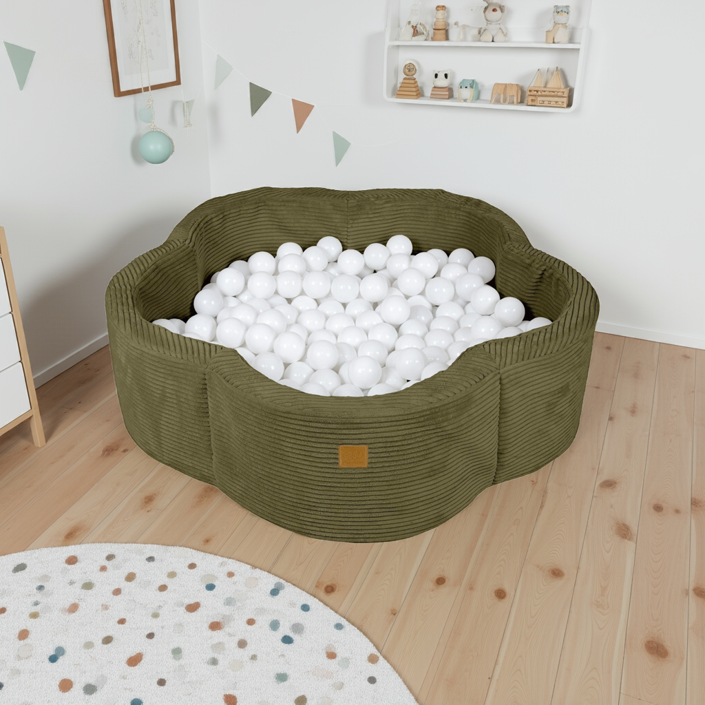 MeowBaby Ballenbak Rib Bloem in khaki met zachte ribstof en witte ballen in kinderkamer
