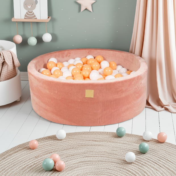 MeowBaby Ballenbak Roze Rib met witte en oranje ballen, zacht en hypoallergeen schuim