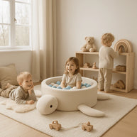 Kinderen spelen in MeowBaby Ballenbak Schildpad Bouclé Cheesecake Cream Beige in lichte kamer