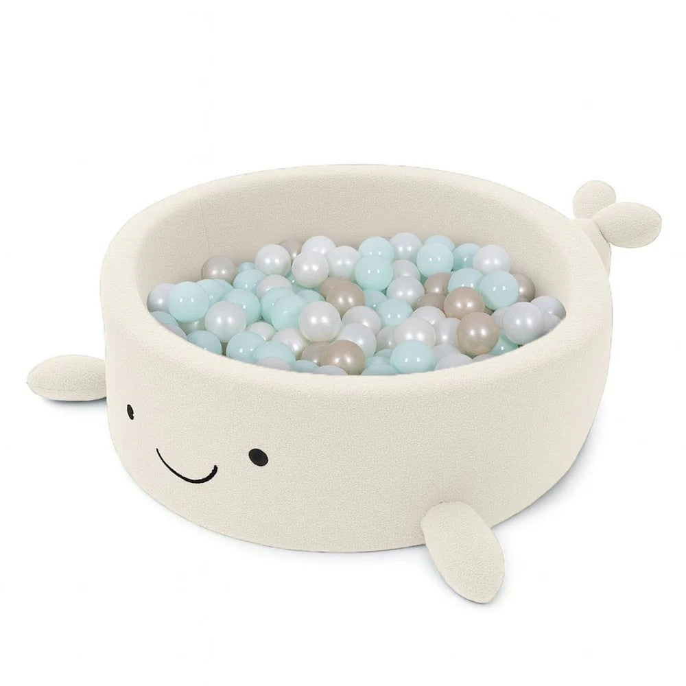 MeowBaby Ballenbak Walvis Bouclé beige met zachte schuimwanden en speelkleurige ballen