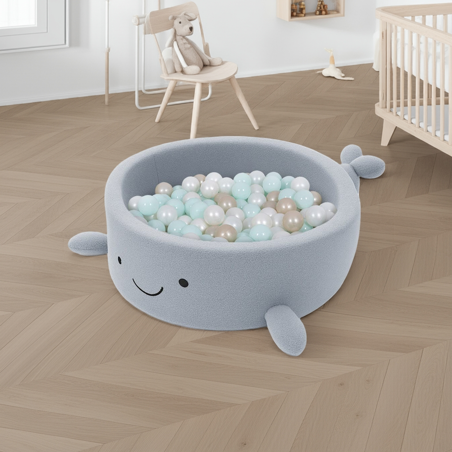 MeowBaby Ballenbak Walvis Bouclé blauw met zachte schuimwanden en pasteltinten ballen