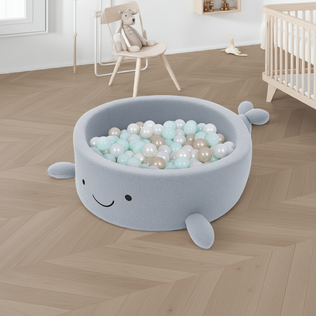 MeowBaby Ballenbak Walvis Bouclé blauw met zachte schuimwanden en pasteltinten ballen