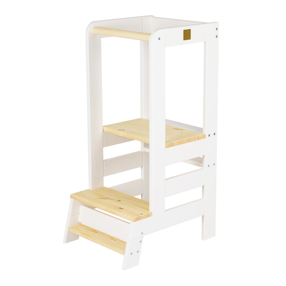 MeowBaby Houten Learning Tower wit met houten platform en stabiele constructie voor kinderen