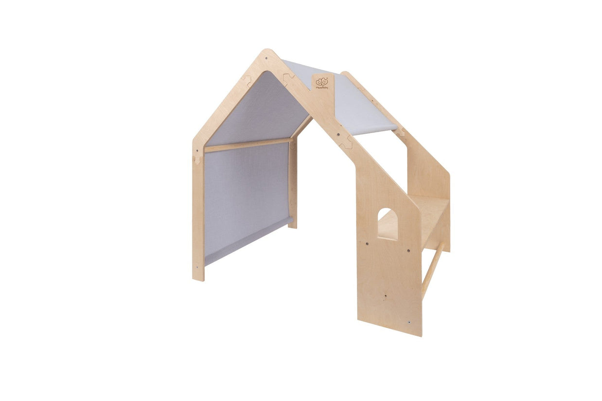 MeowBaby Houten Speelhuisje voor Kinderen Natural met blauw doek als speelhoek