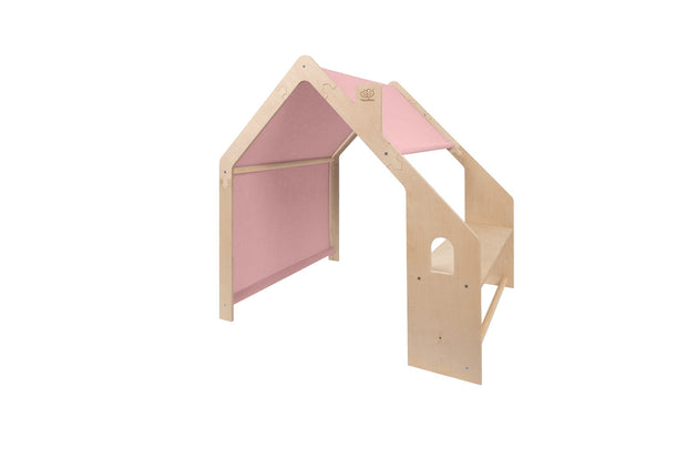 MeowBaby Houten Speelhuisje voor Kinderen Natural met roze luifel, veilig en duurzaam speelgoed