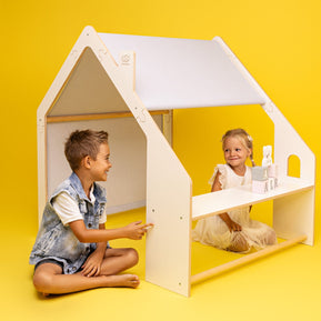MeowBaby® White Wooden House for Kids - Pink Roof