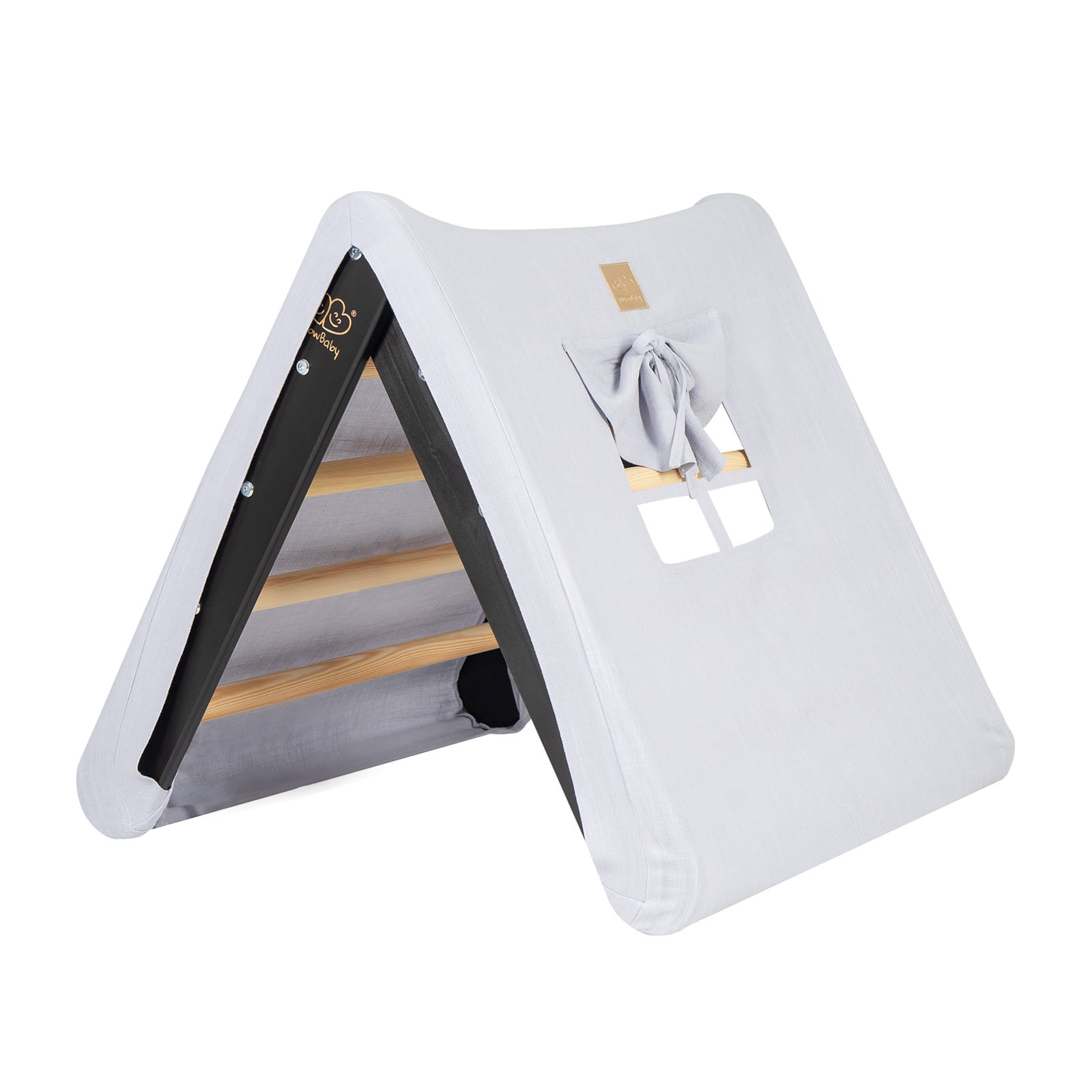 MeowBaby houten klimrek voor kinderen zwart met blauw-grijze katoenen tent cover